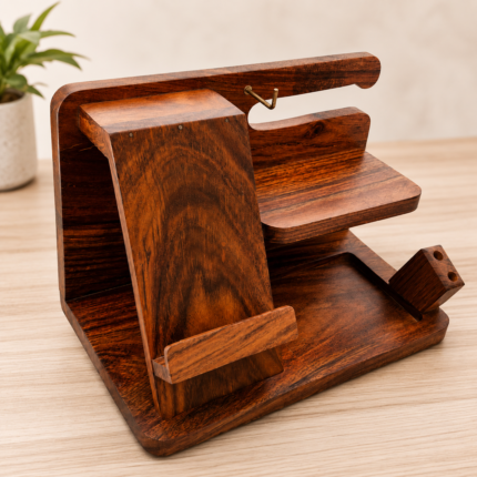 Wooden desk organizer holding watch, keys, and glasses