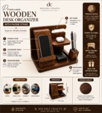 Wooden desk organizer holding watch, keys, and glasses