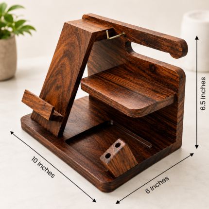 Wooden desk organizer holding watch, keys, and glasses