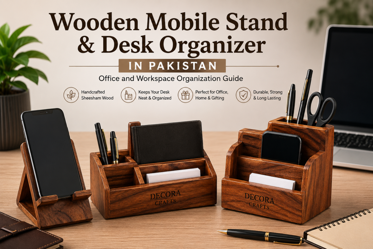 Handcrafted Wooden Mobile Stand and Desk Organizer for Office and Workspace in Pakistan
